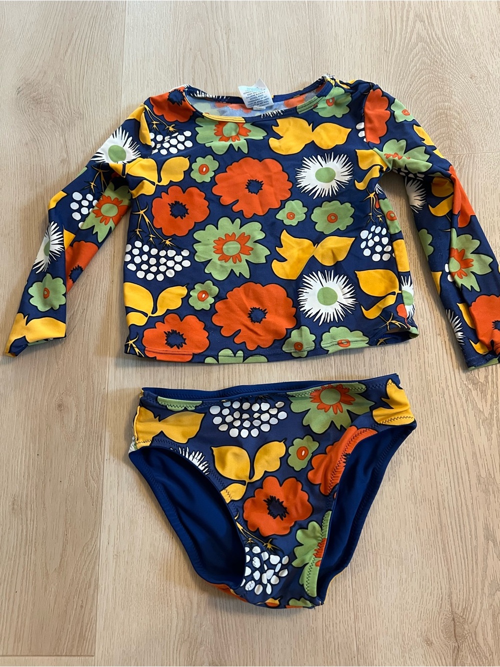 Girls Floral Long-Sleeve Rashguard Swim Set - Navy with Orange & Yellow Flowers